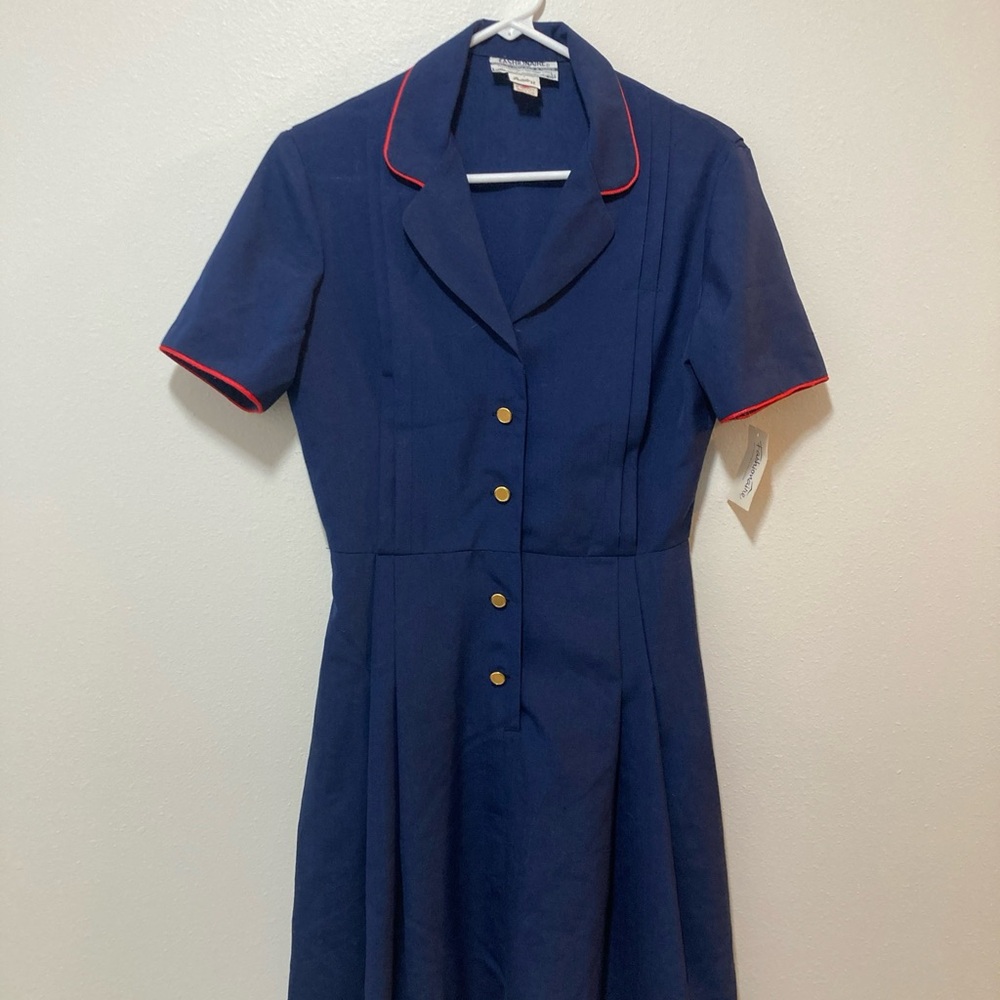 Vintage Fashionaire Stewardess Dress 12 Petite Navy Blue Red Trim WPL 404